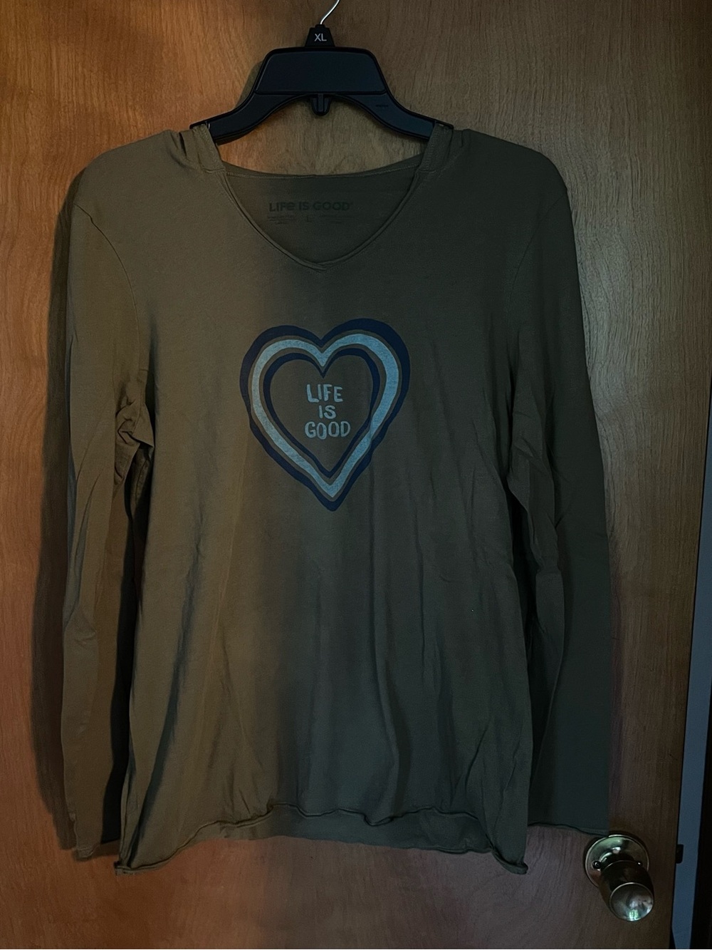 Army Green Life Is Good Long Sleeve Tee with Blue Heart